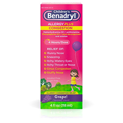 Product Cover Children's Benadryl Allergy Plus Congestion Liquid, Made with Diphenhydramine HCl Antihistamine & Phenylephrine HCl Nasal Decongestant, Alcohol- & Sugar-Free, Grape Flavor, 4 fl. oz (Pack of 2)