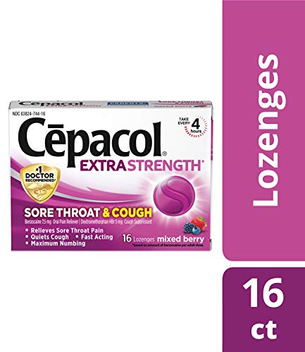 Product Cover Cepacol Extra Strength Sore Throat & Cough Relief Lozenges, 16 Count, Mixed Berry Flavor, Maximum Numbing, Fast Acting Relieves Sore Throat Pain, and Quiets Cough (Pack of 4)