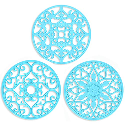 Product Cover ME.FAN 3 Set Silicone Multi-Use Intricately Carved Trivet Mat - Flexible Durable Non Slip (Blue)