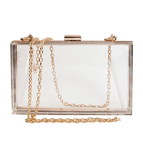 Product Cover Cute Clear Purse Bag Acrylic Box Clutch for Women/Girls, Transparent Stadium Approved Crossbody Handbag for Sporting Events, School Prom, Fest & Concerts with Gold Chain Strap