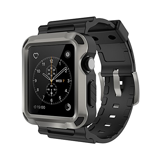 Product Cover Simpeak Rugged Protective Case with Black Strap Bands Compatible with Apple Watch Series 3 Series 2 42mm, Grey