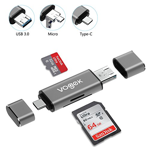 Product Cover SD Card Reader, VOGEK 3-in-1 USB 3.0 / USB C/Micro USB Card Reader - SD, Micro SD, SDXC, SDHC, Micro SDHC, Micro SDXC Memory Card Reader for MacBook PC Tablets Smartphones with OTG Function, Gray
