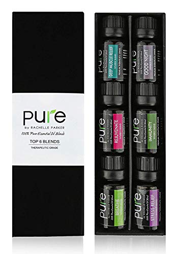 Product Cover PURE Essential Oil Blends.Gift pack 6 Synergy Blend Set. Synergy Essential Oil Blend Beginner Starter Set Includes Good Night, Muscle Relief,Rejuvenate, Immunity, Breath & Stress Relief Oil Blends...