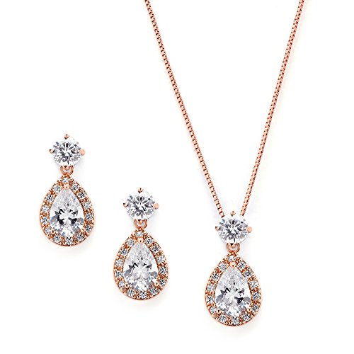 Product Cover Mariell Rose Gold CZ Pear Shaped Necklace and Earrings Set - Wedding Jewelry for Brides & Bridesmaids