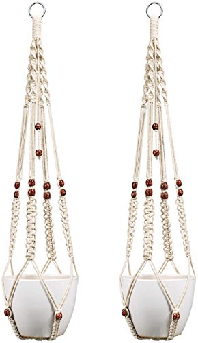 Product Cover Mkono 2Pcs Macrame Plant Hanger Indoor Outdoor Hanging Planter Basket Cotton Rope with Beads 35 Inch