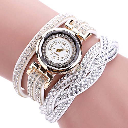 Product Cover Hunputa Women Luxury Crystal Women Gold Bracelet Quartz Wristwatch Rhinestone Clock Ladies Dress Gift Watches (White)