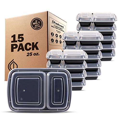 Product Cover Freshware Meal Prep Containers [15 Pack] 2 Compartment with Lids, Food Containers, Lunch Box | BPA Free | Stackable | Bento Box, Microwave/Dishwasher/Freezer Safe, Portion Control, 15 day fix (25 oz)