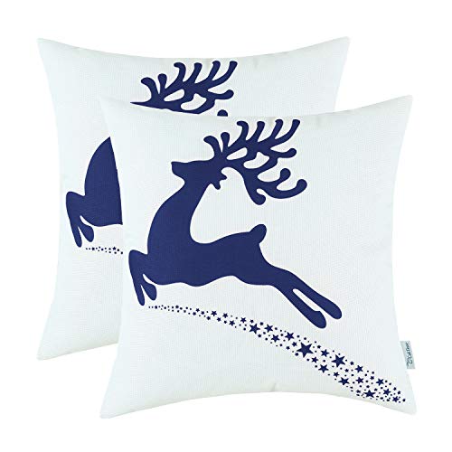 Product Cover CaliTime Pack of 2 Soft Canvas Throw Pillow Covers Cases for Couch Sofa Home Decoration Christmas Holiday Reindeer with Stars Print 18 X 18 Inches Navy Blue