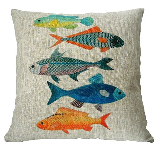Product Cover Decorbox Cotton Linen Square Decorative Fashion Throw Pillow Case Cushion Cover Colorful Fish (20 X 20, Beige)