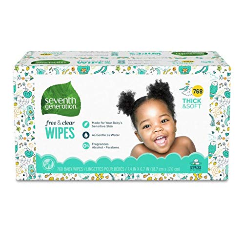 Product Cover Seventh Generation Baby Wipes, Free & Clear Unscented and Sensitive, Gentle as Water, with Flip Top Dispenser, 768 count (Packaging May Vary)