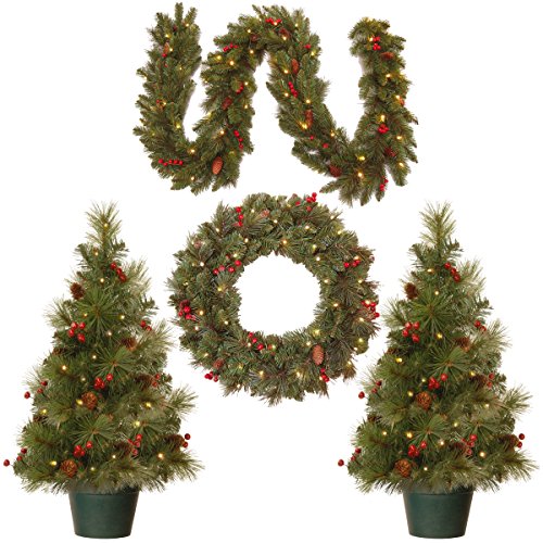 Product Cover National Tree Holiday Decorating Assortment with 2 3 Foot Entrance Trees, 1 9 Foot by 8 Inch Garland and 1 24 Inch Wreath all with Warm White Battery Operated LED Lights (ED7-PRO-ASST)