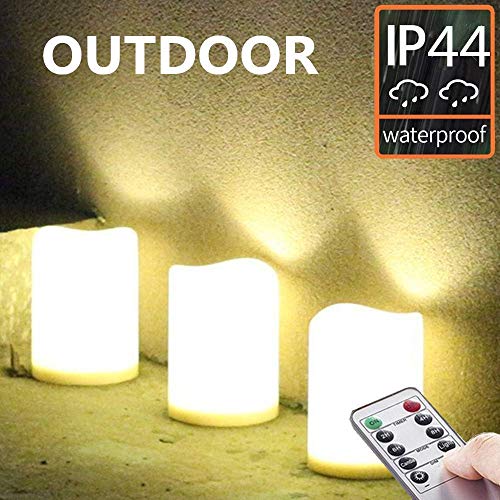 Product Cover Set of 3 Outdoor IP44 Warm White LED Rainproof Waterproof Flameless Battery LED Pillar Candles with Remote and Timer, Plastic, Won't Melt, Weather Resistant Design 3 x 4