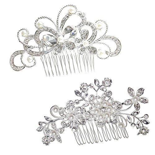 Product Cover yueton Pack of 2 Bridal Wedding Silver Crystal Rhinestones Pearls Women Hair Comb
