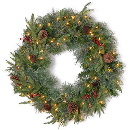 Product Cover National Tree 24 Inch Feel Real Colonial Wreath with 8 Pine Cones, 8 Red Berries and 50 Dual Color Battery Operated LED Lights with Timer and 9 Functions (PECO7-395D24WBC)