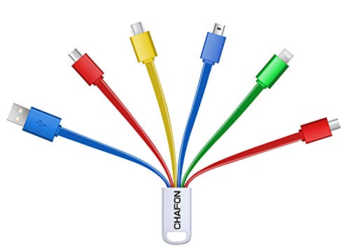 Product Cover CHAFON Multi Charging Cable Short 3A,6 in 1 Multiple Charge Cord,USB 2.0 to USB C,Micro B,Mini B Connectors Replacment for Cell Phones Tablets,Power Bank and More,Multi-Color,5.3 inch