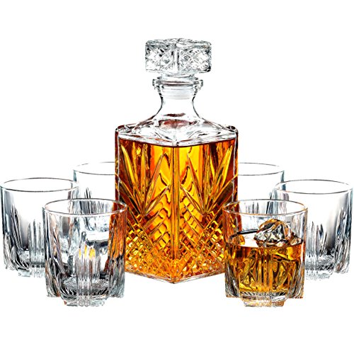 Product Cover Paksh Novelty 7-Piece Italian Crafted Glass Decanter & Whisky Glasses Set, Elegant Whiskey Decanter with Ornate Stopper and 6 Exquisite Cocktail Glasses