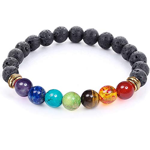Product Cover 7 Chakra Healing Bracelet with Real Stones, Volcanic Lava, Mala Meditation Bracelet - Men's and Women's Religious Jewelry - Wrap, Stretch, Charm Bracelets - Protection, Energy, Healing 7.25 in