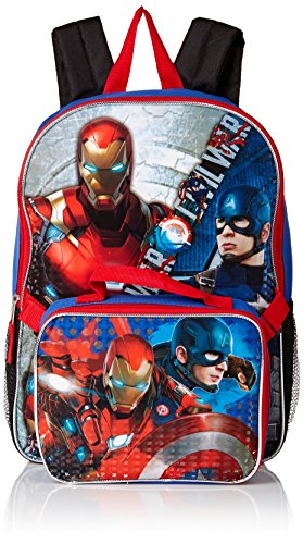 Product Cover Marvel Boys' Civil War Captain Vs. Ironman Backpack with Lunch Kit, Blue/black