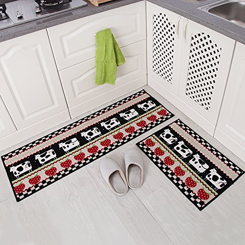 Product Cover Carvapet 2 Piece Non-Slip Kitchen Mat Rubber Backing Doormat Runner Rug Set, Cartoon Milch Cow Strawberry Design (Black/Beige/Red 15