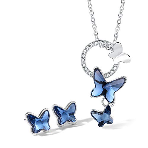Product Cover T400 Blue Butterfly Swarovski Crystal Jewelry Set Pendant Necklace and Stud Earrings Birthday Gift for Girls Women