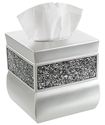 Product Cover Creative Scents Square Tissue Box Cover - Decorative Tissue Holder is Finished in Beautiful Silver Colored Mosaic Glass, Bathroom Accessories