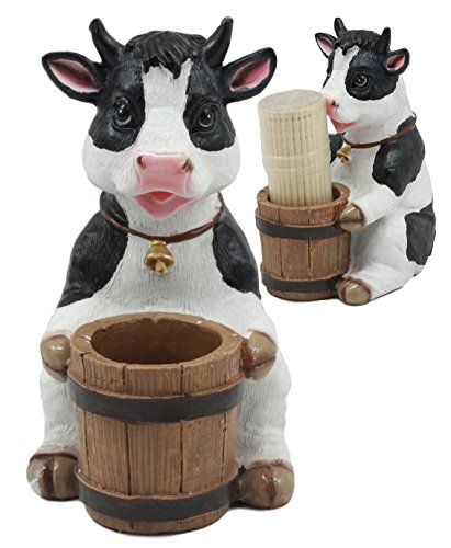 Product Cover Ebros Country Farm Bovine Cow With Bell Collar Holding A Wooden Barrel Decorative Toothpick Holder Statue With Toothpicks 4