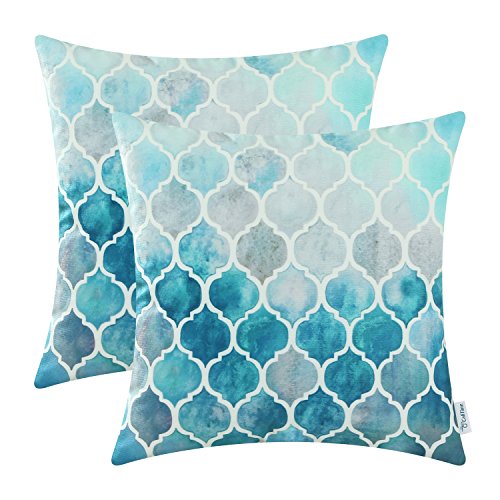 Product Cover CaliTime Pack of 2 Cozy Throw Pillow Cases Covers for Couch Bed Sofa Farmhouse Manual Hand Painted Colorful Geometric Trellis Chain Print 18 X 18 Inches Main Grey Teal