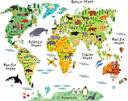 Product Cover HomeEvolution Large Kids Educational Animal Landmarks World Map Peel & Stick Wall Decals Stickers Home Decor Art for Nursery