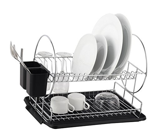 Product Cover Deluxe Chrome-plated Steel 2-Tier Dish Rack with Drainboard/Cutlery Cup (BlackII)