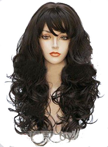 Product Cover Wigbuy Wigs Wavy Curly 24inche Synthetic Wigs With Bangs Brown Long Hair Wigs for Women (Dark Brown)