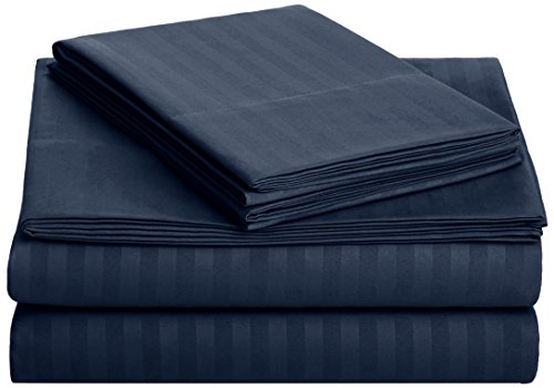 Product Cover AmazonBasics Deluxe Striped Microfiber Bed Sheet Set - Full, Navy Blue