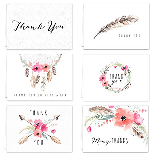 Product Cover Boho Spirit Thank You Card Assortment Pack - Set of 36 cards blank inside - 6 designs blank inside - with white envelopes