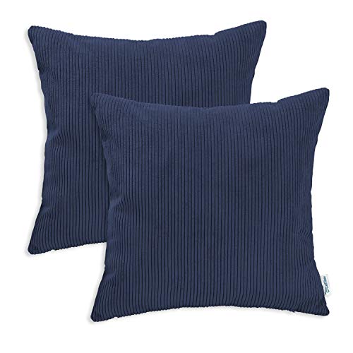 Product Cover CaliTime Pack of 2 Cozy Throw Pillow Covers Cases for Couch Bed Sofa Ultra Soft Corduroy Striped Both Sides 18 X 18 Inches Navy Blue