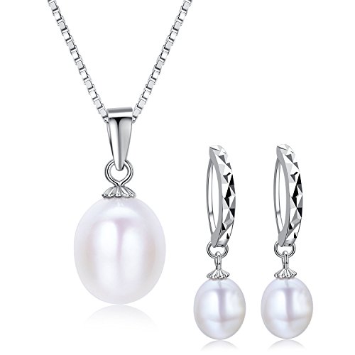 Product Cover The Ultimate Sterling Silver Jewelry by DIAMOVI | 100% Real Natural Freshwater White Pearls | Silver Chain Pendant & Hoop Earrings White Pearls for Women | Come in A Fine Jewelry Bag