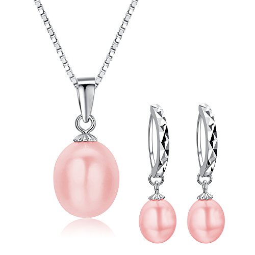 Product Cover The Ultimate Sterling Silver Jewelry by DIAMOVI | 100% Real Natural Freshwater Pink Pearls | Silver Chain Pendant & Hoop Earrings Pink Pearls for Women | Come in A Fine Jewelry Bag