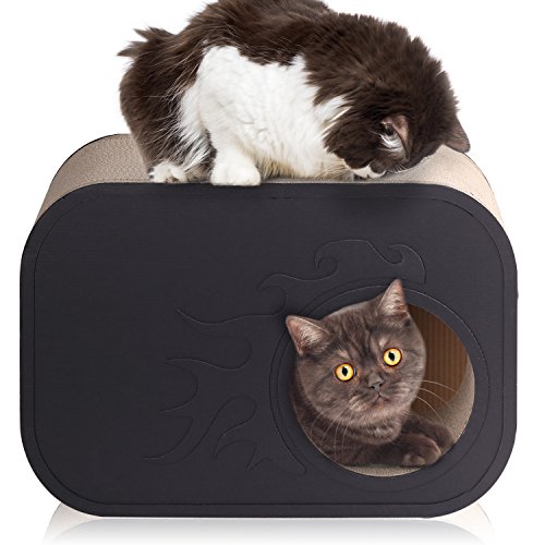 Product Cover Pawaboo Cat Scratcher Lounge- Premium Corrugated Cardboard Howllowed Cat Scratching Box Square Cat House with Rounded Corners, Black