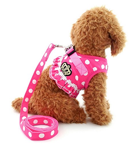 Product Cover SELMAI Brother cat Dog Small Dog Harness Pink Leash Set Ladies Polka Dot Vest Mesh Padded Lead for Pet Cat Puppy Girls L