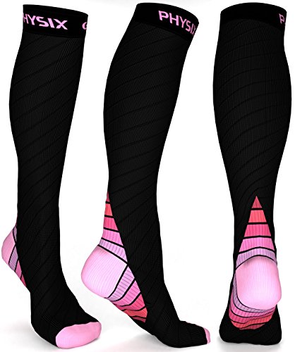 Product Cover Physix Gear Compression Socks for Men & Women 20-30 mmhg, Best Graduated Athletic Fit for Running Nurses Shin Splints Flight Travel & Maternity Pregnancy - Boost Stamina Circulation & Recovery PNK LXL
