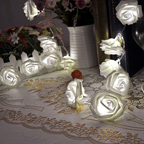 Product Cover VIPMOON Rose Flower String Lights,2M 20LED Battery Operated Romantic String Lights Bright Warm Flower Rose Lamp Fairy Light for Valentine's Day Wedding Gardens Party Christmas Decoration - White