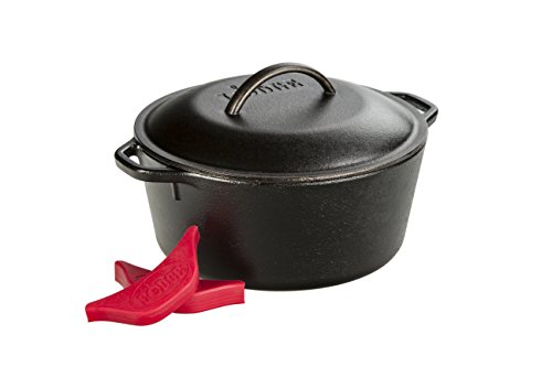 Product Cover Lodge L8DOL3HH41PLT Cast Iron Dutch Oven with Handle Holders, 5 quart, Black/Red