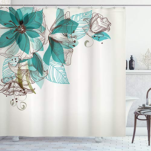 Product Cover Ambesonne Turquoise Shower Curtain, Flowers Buds Leaf at The top Left Corner Season Celebrating Theme, Cloth Fabric Bathroom Decor Set with Hooks, 70