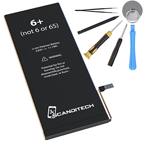 Product Cover ScandiTech Battery iP6 Plus - Compatible with iPhone 6+ (not 6 or 6S+) - Replacement Kit with Tools, Adhesive & Instructions - New 2915 mAh 0 Cycle Battery - Repair Your Phone in 15 min - 1-Year Warr