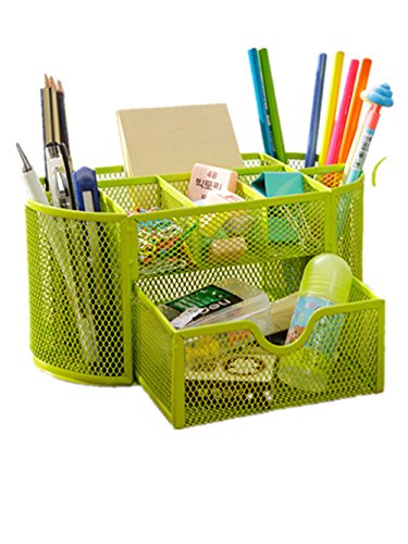 Product Cover Space Saving Desk Tidy Multi-functional Metal Wire Mesh 9 Compartment Office / School Supply Desktop Organizer Caddy W/ Large Drawer (Green)