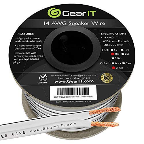 Product Cover 14AWG Speaker Wire, GearIT Pro Series 14 AWG Gauge Speaker Wire Cable (200 Feet / 60.9 Meters) Great Use for Home Theater Speakers and Car Speakers White