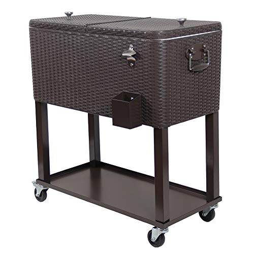 Product Cover UPHA 80 Quart Rolling Outdoor Patio Cooler Cart on Wheels, Wicker Pattern Portable Drink Beverage Bar for Patio Pool Party, Ice Chest with Shelf and Bottle Opener, Brown