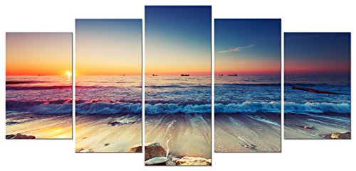 Product Cover Pyradecor Ocean Seascape Canvas Prints Wall Art Sea Beach Pictures Paintings for Living Room Bedroom Home Decorations 5 Piece Modern Stretched and Framed Ready to Hang Landscape Giclee Artwork