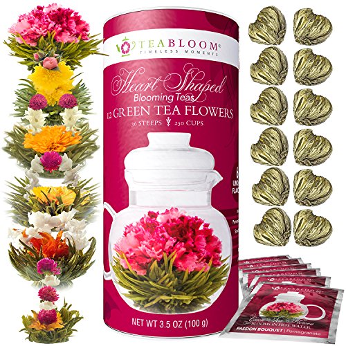 Product Cover Teabloom Heart Shaped Flowering Tea - 12 Assorted Blooming Tea Flowers - Green Tea + Jasmine, Pomegranate, Strawberry, Rose, Litchi & Peach - Gift For Tea Lover's Anniversary, Valentine, Birthday
