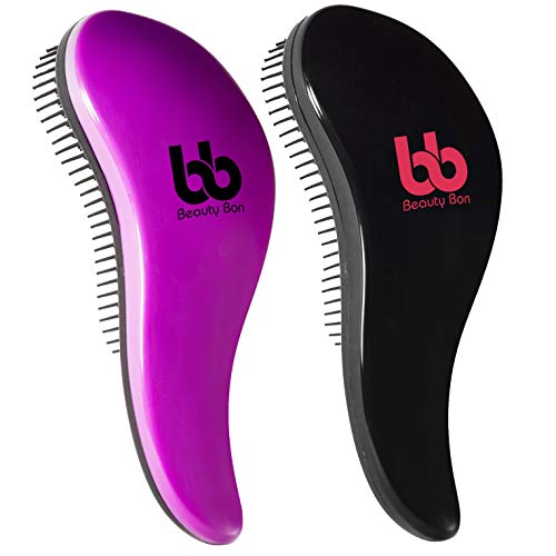 Product Cover Detangler Hair Brushes Set of Two - Women Men Kids Hairbrush Teezer Comb No Pain Detangling Hair Brush For Curly Straight Wavy Wet & Dry Thick or Thin Tangle Two Piece Sets (Purple & Black)