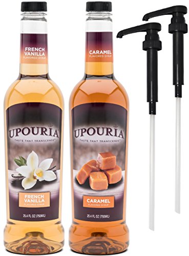 Product Cover Upouria French Vanilla & Caramel Flavored Syrup, 100% Vegan and Gluten-Free, 750ml bottles - Set of 2 - Pumps included