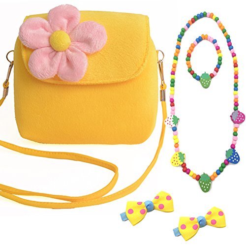 Product Cover Aligle Cute Little Girl Fashionable Beauty Set Plush 3D Flower Handbag crossbody bag + 2 bow-knot Hair Clip + Necklace and Bracelet Set(Yellow)